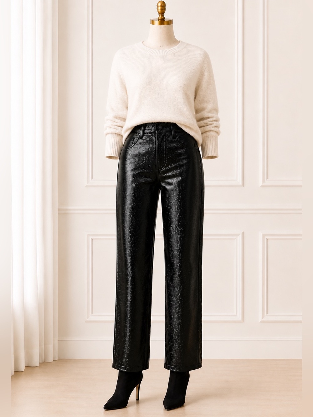 Good American Good Classic Textured Vinyl Pants Sz 14 Black Straight Leg
